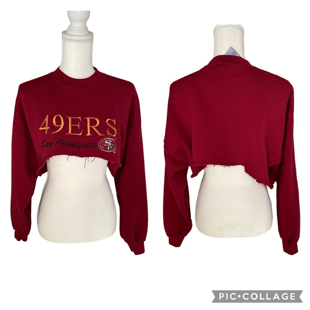 Vintage San Francisco 49ers Burgundy Crop Sweatshirt Cutoff Women Size Large GUC